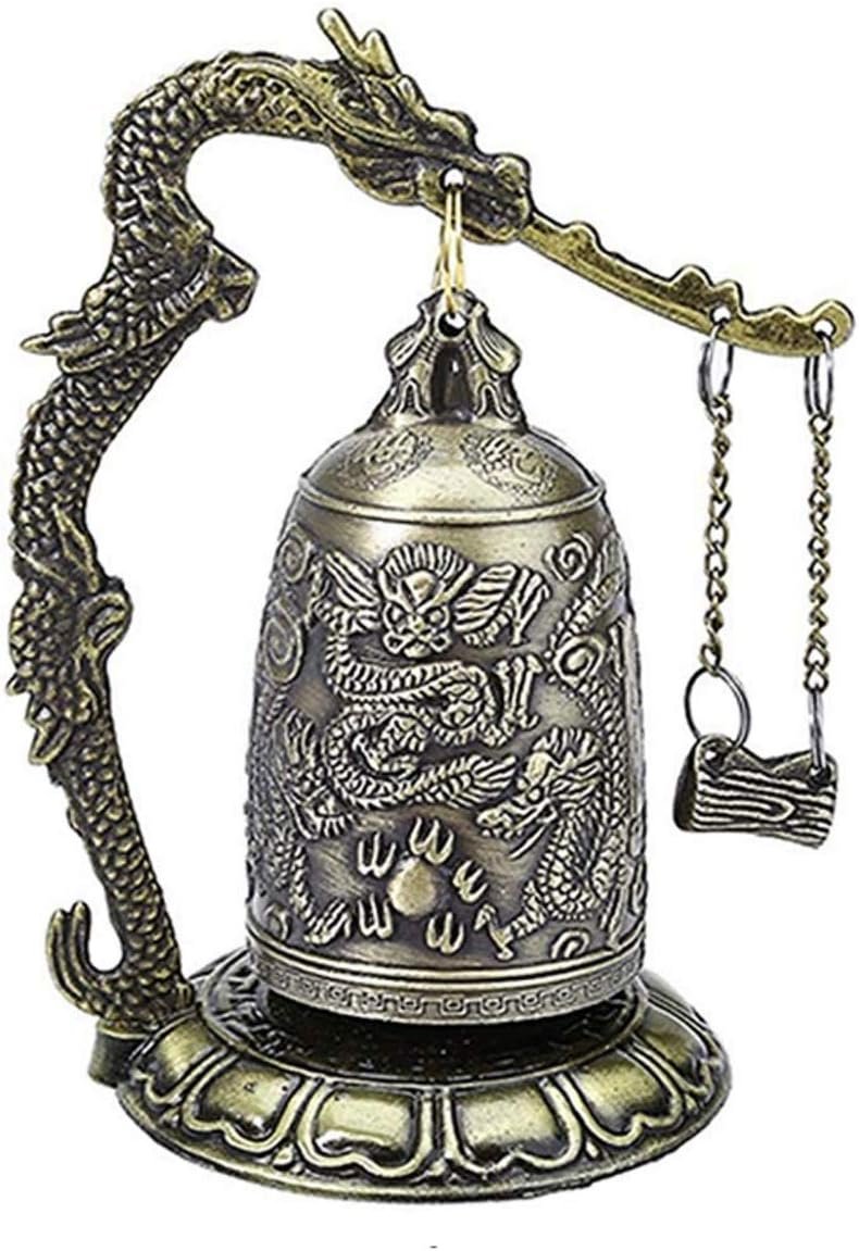 DMtse Vintage Style Bronze Lock Carved Dragon Tibet Buddhist Bell Bronze Good Luck Bell Geomantic for Meditation Altar Decoration