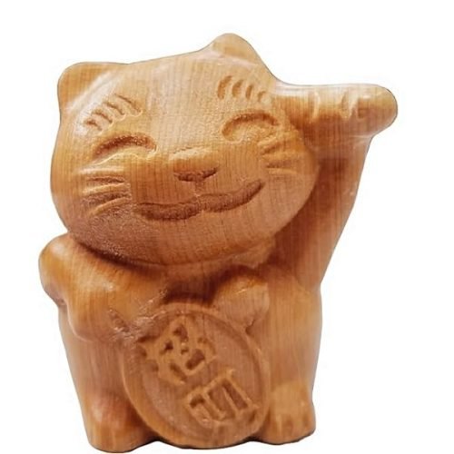 DMtse Hand Carved Natural Wood Lucky Fortune Cat Statue Religious Buddhist Sitting Buddha Sculpture Figurine