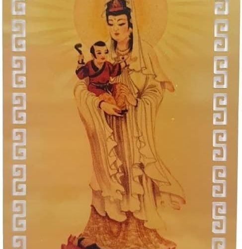 DMtse Chinese Feng Shui Amulet Card for Protection Kwan Yin Songzi Guanyin Avalokitesvara Holding Child for Auspicious Success and Desire