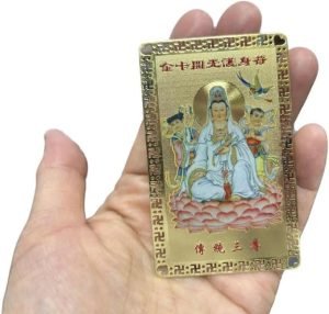 DMtse Chinese Feng Shui Amulet Card for Protection Avalokitesvara Kwan Yin Guanyin Beside Boy and Girl for Good Luck Auspicious Success and Protection - Image 2