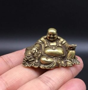 DMtse Brass Mini Sitting Laughing Buddha Statue Ornaments Brings Peace and Prosperity Decoration - Image 2
