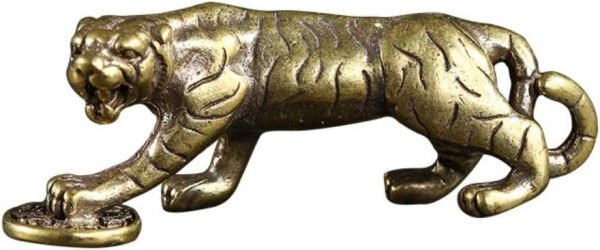 DMtse Chinese Feng Shui Brass Mini Tiger Foot On Lucky Coin Decor Statue Figurines for Animal Sculpture Collectibles Gift