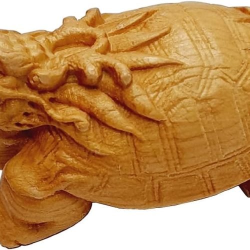 DMtse Hand Carved Natural Wood Lucky Dragon Turtle Statue Religious Sculpture Figurine for Avoiding Evil & Keeping Peace Gift Mascot