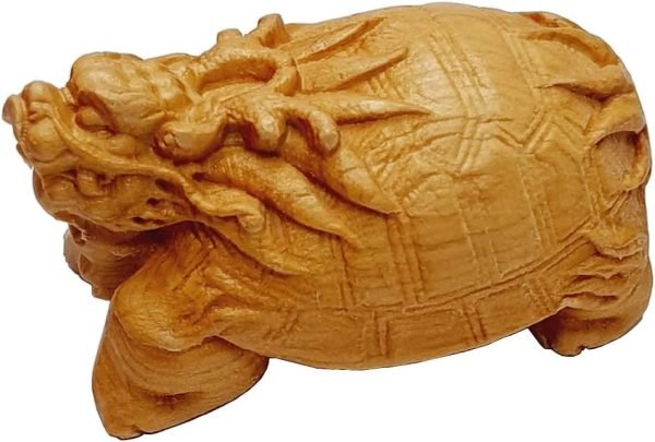DMtse Hand Carved Natural Wood Lucky Dragon Turtle Statue Religious Sculpture Figurine for Avoiding Evil & Keeping Peace Gift Mascot