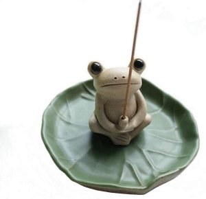 DMtse Handmade Ceramic Mini Frog and Lotus Leaf Tray Stick Incense Burner Holder Small Frog Cute Animal Statue Home Decoration - Image 5