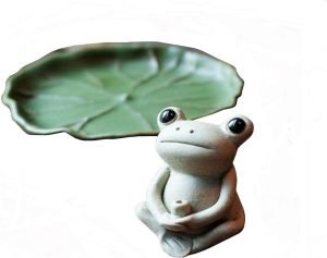 DMtse Handmade Ceramic Mini Frog and Lotus Leaf Tray Stick Incense Burner Holder Small Frog Cute Animal Statue Home Decoration - Image 2