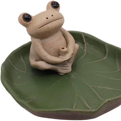 DMtse Handmade Ceramic Mini Frog and Lotus Leaf Tray Stick Incense Burner Holder Small Frog Cute Animal Statue Home Decoration
