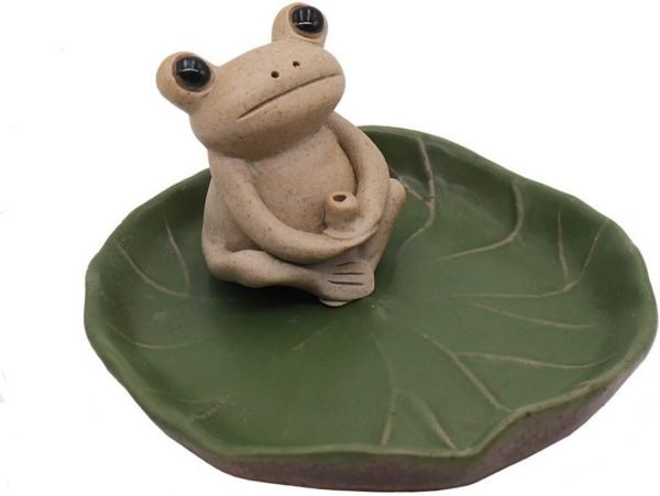 DMtse Handmade Ceramic Mini Frog and Lotus Leaf Tray Stick Incense Burner Holder Small Frog Cute Animal Statue Home Decoration
