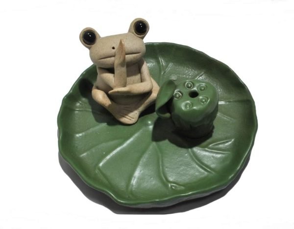 DMtse Handmade Ceramic Mindfulness Meditation Frog and Lotus Leaf Tray Stick Incense Burner Holder Yoga Poses Frog Cute Animal Statue Peace Blessing Home Decoration