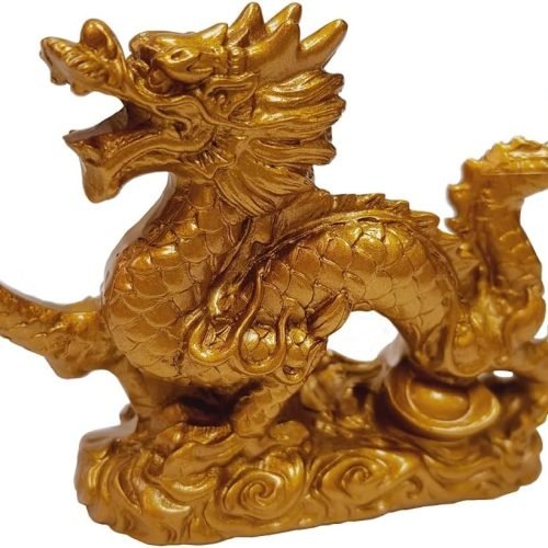 DMtse Chinese Feng Shui Dragon Lucky Golden Color Figurine Statue for Luck & Success 4 inch Long Gift with Box