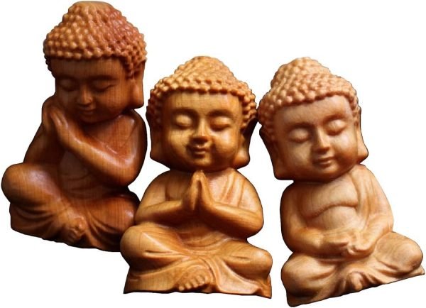 DMtse 3 Pcs Hand Carved Natural Wood Buddha Statue Religious Buddhist Sitting Practice Meditation Buddha Palm Size Sculpture Figurines
