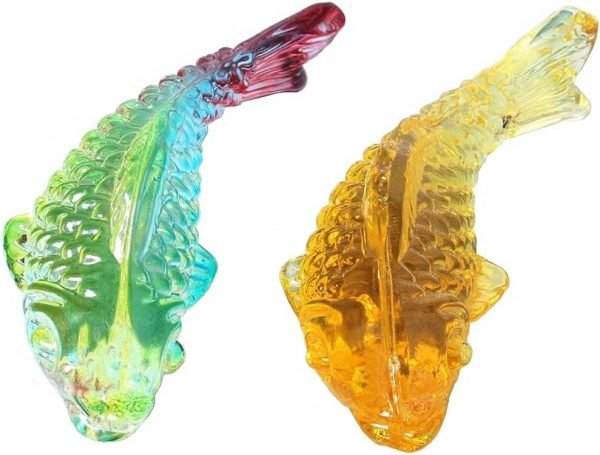 DMtse 風水玻璃水晶 2 x 魚彩色和黃色幸運雕像動物雕塑收藏品裝飾禮品