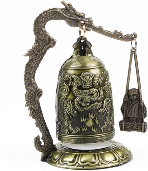 DMtse Feng Shui Vintage Bronze Lucky Monk and Dragon Hits Bell Clock Metal Decoration Ornament Good Luck