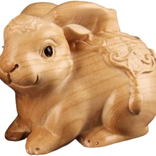 DMtse Hand Carved Natural Wood Rabbit Statue Ornaments Animal Themed Wood Sculpture Figurine Crafts Home Decoration