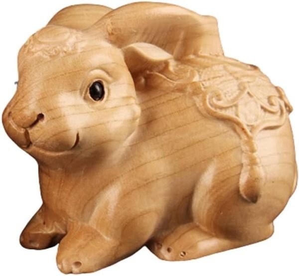 DMtse 手工雕刻天然木質兔子雕像擺飾 動物主題木雕公仔手工藝品家居裝飾品
