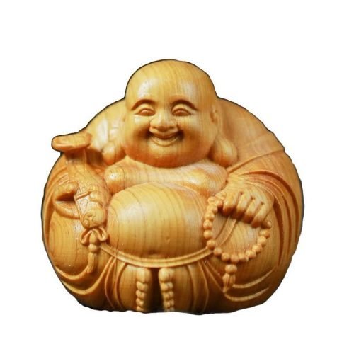 Hand Carved Natural Wood Laughing Buddha Statue Religious Buddhist Sitting Meditate