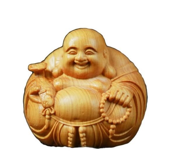 Hand Carved Natural Wood Laughing Buddha Statue Religious Buddhist Sitting Meditate
